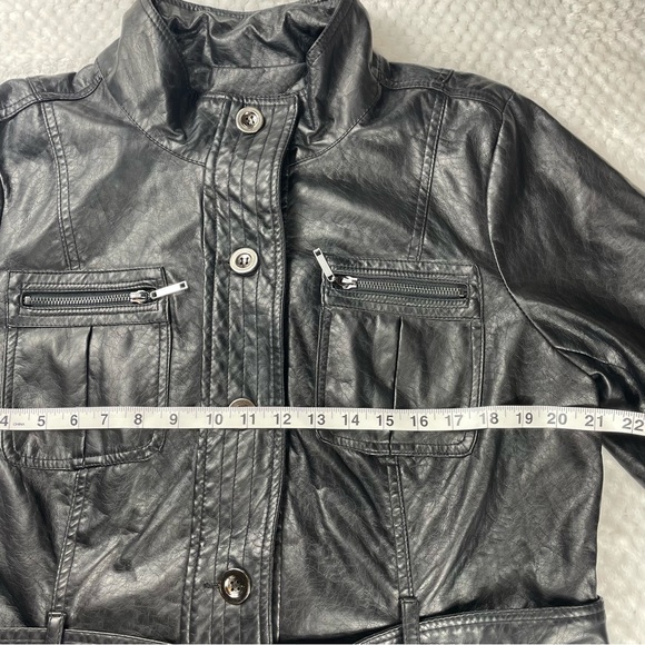🔥Lane Crawford Belted Buttons Closure Black Faux Leather Jacket Size L - Picture 12 of 15